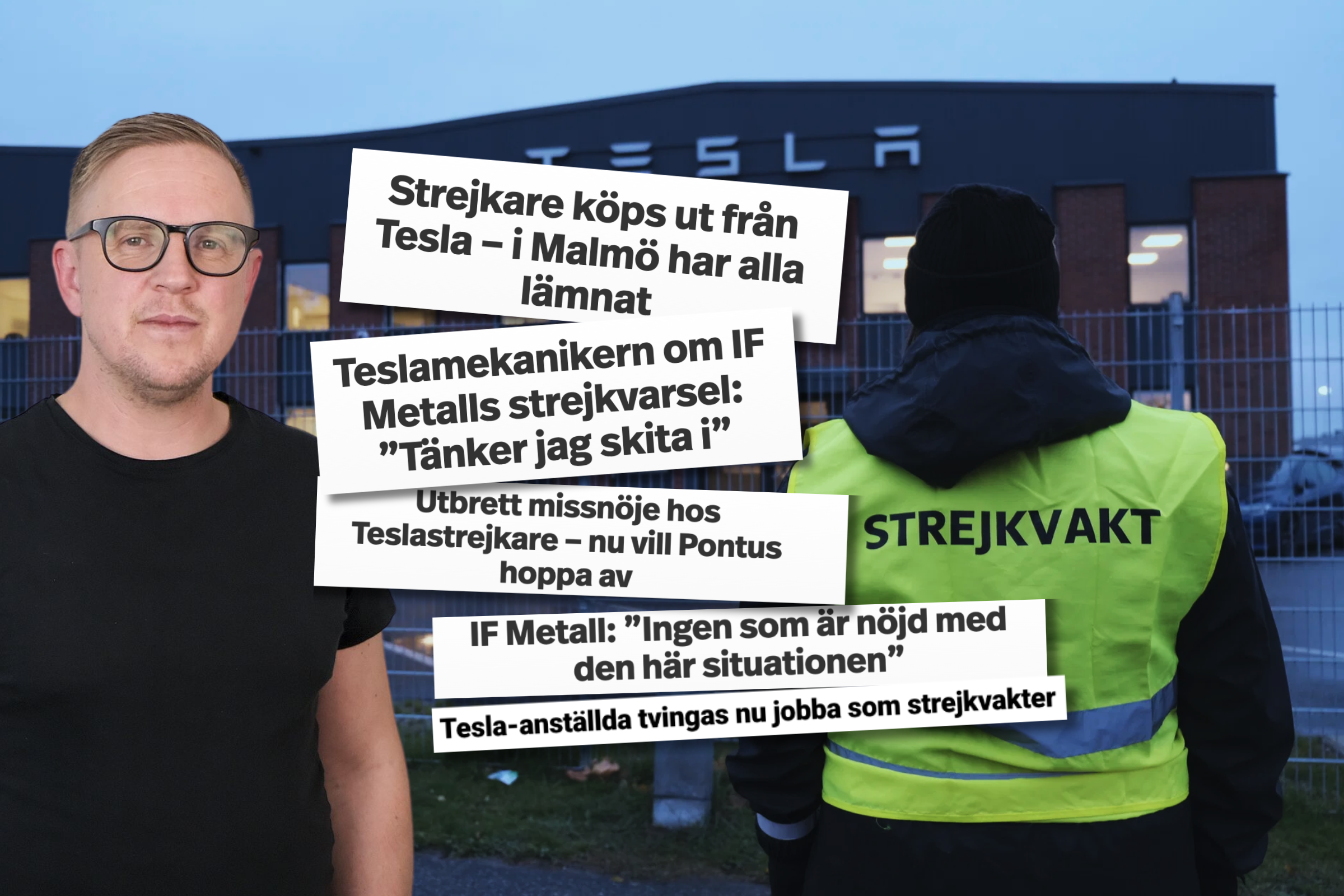 Skribenten Håkan Gustafsson till vänster i bilden, i bakgrunden bild från en Teslaverkstad och en strejkvakt, samt rubriker från tidningen Dagens Arbete