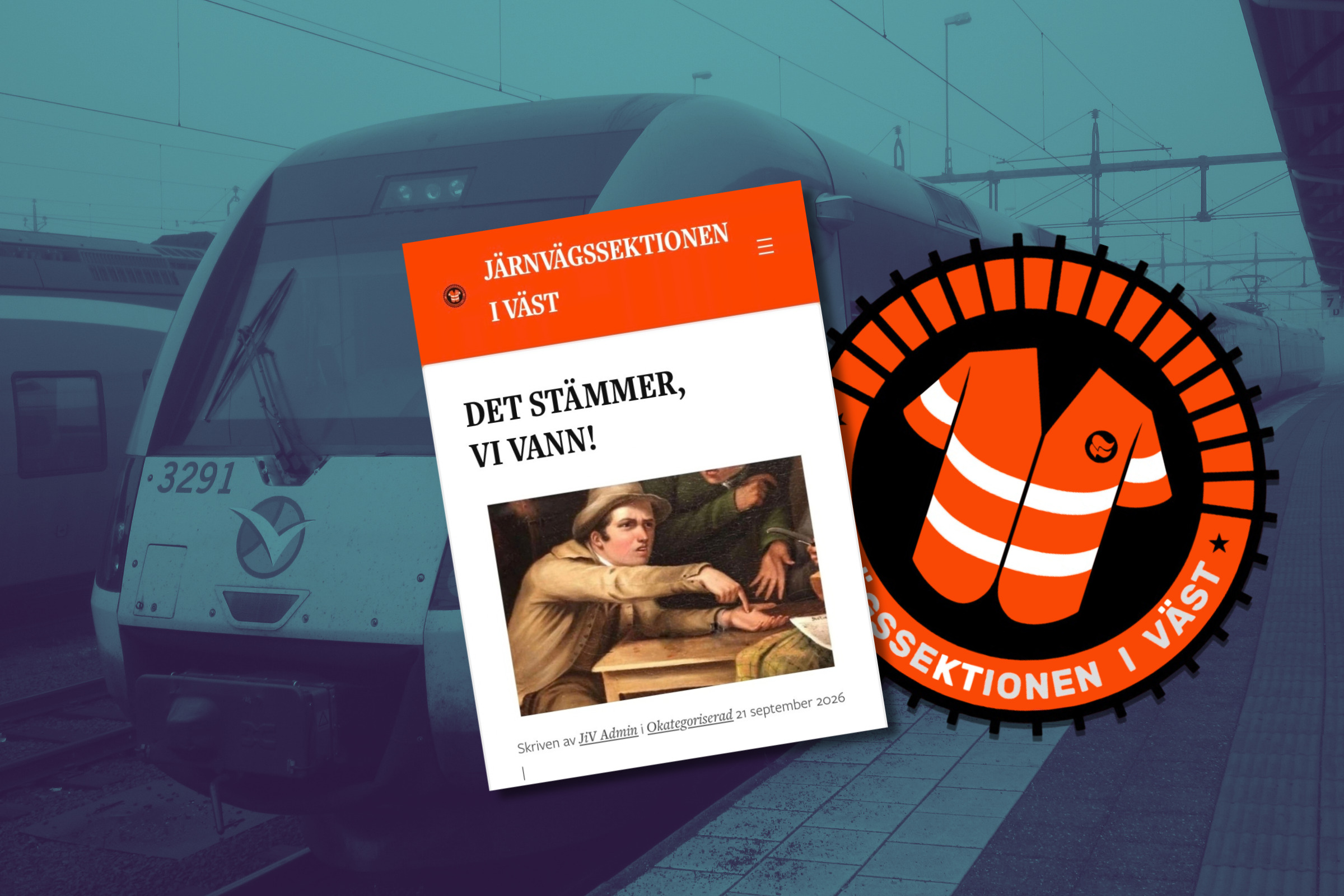 Bildmontage: skärmdump från Järnvägssektionen i Väst. Skärmdumpen säger: "Det stämmer, vi vann!" i bakgrunden bild på ett tåg